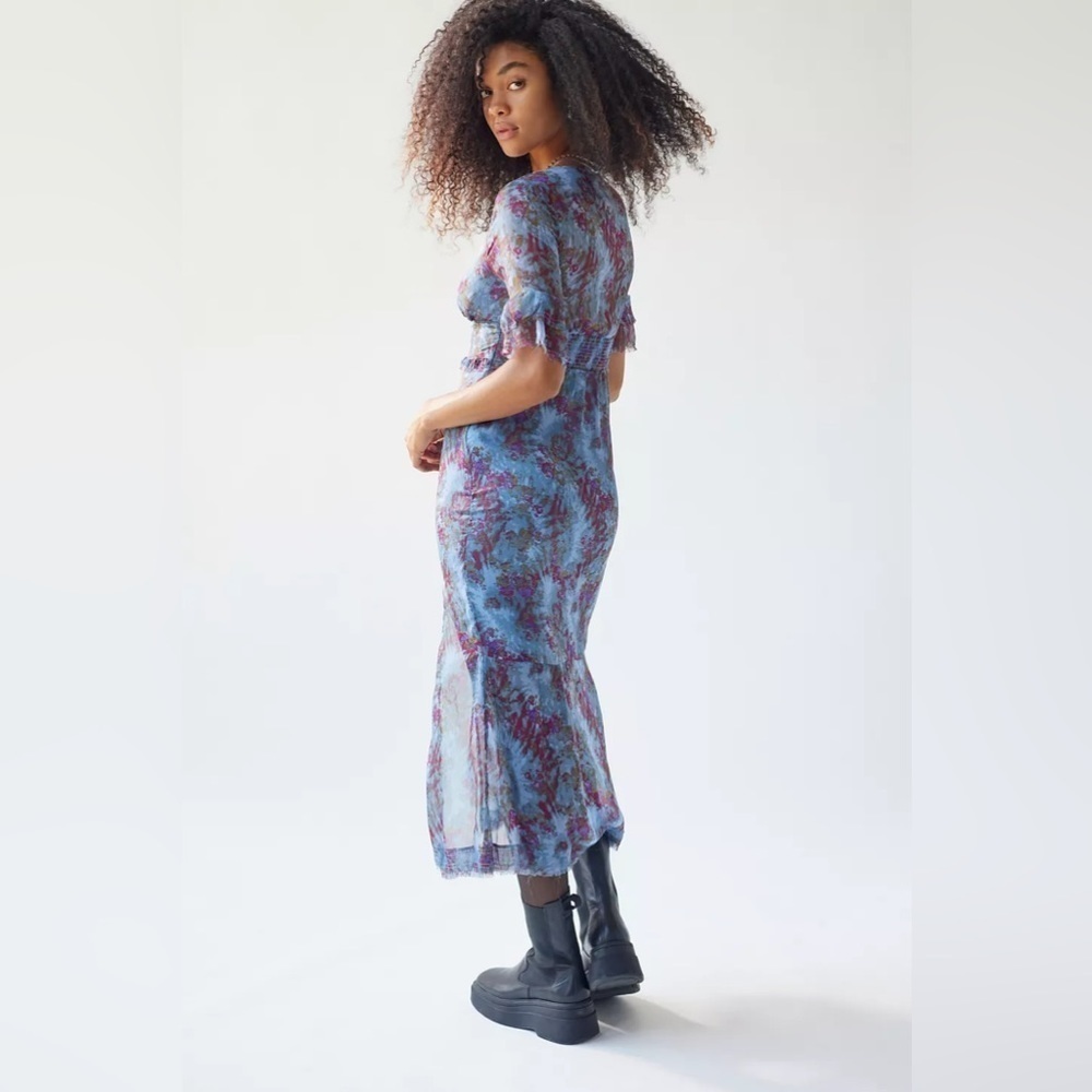 UO Florence Chiffon Printed Midi Dress, Blue, Small, NWT - Picture 3 of 8